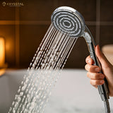 Halos ABS Hand-holding Shower with flowing water & 304-SS Flexible Shower Tube (1 m) on a grey background.
