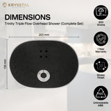Black Trinity Triple Flow Overhead Shower with dimensions details and its features on a white background