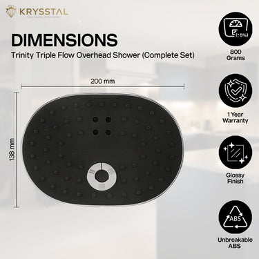 Black Trinity Triple Flow Overhead Shower with dimensions details and its features on a white background