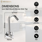 Detail of a high-arc wall-mounted chrome mixer with dimensions & its warranty & features on the right side, set in faded white background.