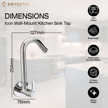 Detail of a high-arc wall-mounted chrome mixer with dimensions & its warranty & features on the right side, set in faded white background.