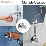 A wall-mounted, mirror-finish angle valve with multiple usages and 2 handheld photos with its controller on a white tile background.