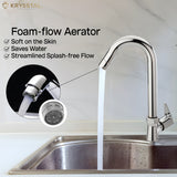 A chrome faucet with a single handle, demonstrating water flow, with foam flow aerator features shown in zoom image.