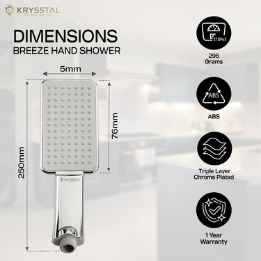The Breeze ABS Hand Shower dimensions are detailed with its features on the right side on a white transparent background.
