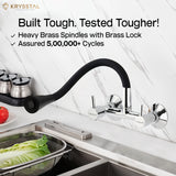 Flexible silicone kitchen tap in chrome showing "Built Tough, Tested Tougher" on the top, mounted on the wall, with two flow options with SS sink & vegetable tray on the bottom.