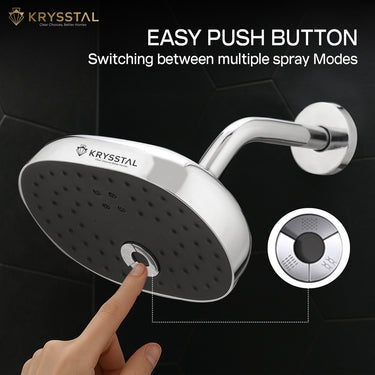 Triple Flow Overhead Rain Shower with easy push button and multiple spray modes on a black background