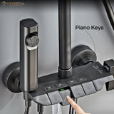 Matte black shower control panel with piano key design, featuring rain shower and handheld shower on a gray background.