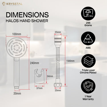 The Halos ABS Hand Shower dimensions and detailed with its features on the right side on a white transparent background.
