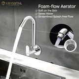 Wall-mounted tap in chrome, with a foam-flow aerator & its highlighted features with a zoom view of the tap hole fitted on a grey wall.