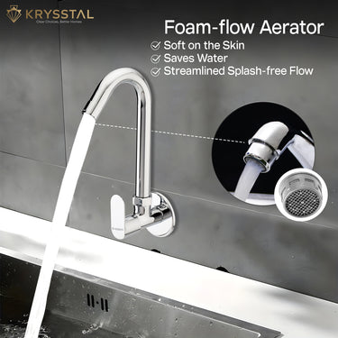 Wall-mounted tap in chrome, with a foam-flow aerator & its highlighted features with a zoom view of the tap hole fitted on a grey wall.