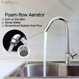 Kitchen scene showing a chrome gooseneck faucet dispensing water into a sink, with a foam flow aerator featured in the zoomed image.