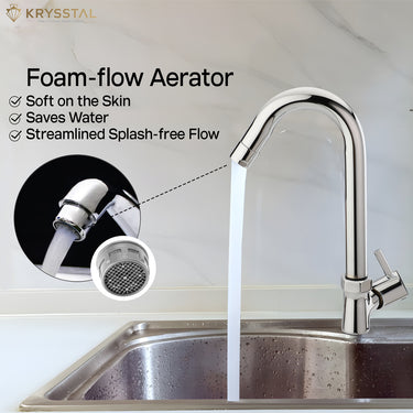 Kitchen scene showing a chrome gooseneck faucet dispensing water into a sink, with a foam flow aerator featured in the zoomed image.