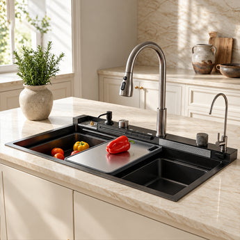 AquaStation Piano Smart 304 SS Kitchen Sink with Digital Display, Dual Waterfalls & RO Tap (30 x 18 x 9 inches)