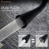 Dual Flow Flexible silicone kitchen tap in chrome, with two features "Rotate right for bubble flow & Rotate left for shower flow" on the right bottom on a grey texture background.