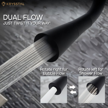 Dual Flow Flexible silicone kitchen tap in chrome, with two features "Rotate right for bubble flow & Rotate left for shower flow" on the right bottom on a grey texture background.