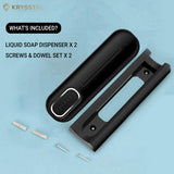 Black liquid soap dispenser with screws and dowel set & "what's included" tag on a light blue background.