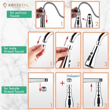 A silver-colored faucet aerator with its user guide shown in a different picture, like for pull-out faucet, for male-thread faucets, & for female-thread faucet.