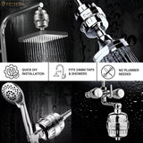 Shower head with filter and installation instructions with 4 images on a wet background.