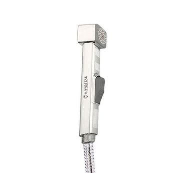 A silver-colored handheld White ABS Health Faucet shower with a flexible hose and a wall hook