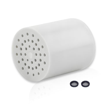 White cylindrical filter with perforations and two black rubber washers on a white background