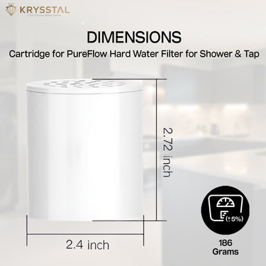 Krysstal PureFlow hard water filter cartridge dimensions on a light gray background