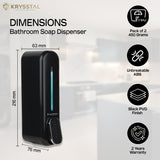 Bathroom soap dispenser with dimensions and its features on a white background