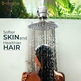 A silver and white hanging water filter showering the water on a bathing lady, & the "softer skin & healthier hair" tagline on the left side.