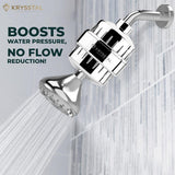 A shower filter fitted on a tile background, with the water-flowing filter shown in silver color with the "Boosts water pressure, no flow reduction!" tagline on the left-top side.