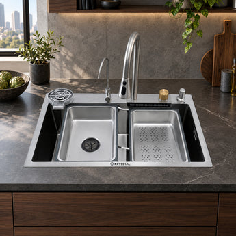 Magnus Nano Silver 304 SS Kitchen Sink with Integrated Waterfall, RO Tap & Triple Flow Pull-out Tap (24 x 18 x 9 Inches)