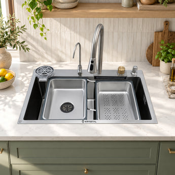 Magnus Nano Silver 304 SS Kitchen Sink with Integrated Waterfall, RO Tap & Triple Flow Pull-out Tap (30 x 18 x 9 Inches)
