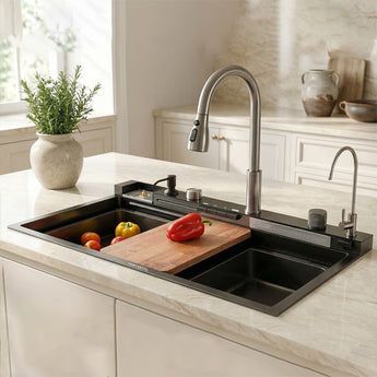 AquaStation Piano Smart 304 SS Kitchen Sink with Digital Display, Dual Waterfalls & RO Tap (30 x 18 x 9 inches)