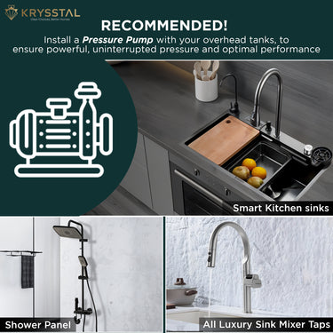 The Krysstal products include a pressure pump, smart kitchen sinks, shower panel, and all luxury sink mixer taps with "Recommended" on the top.