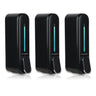 Three black wall mount soap dispensers with a visible blue line indicating the soap level, branded by Krysstal.
