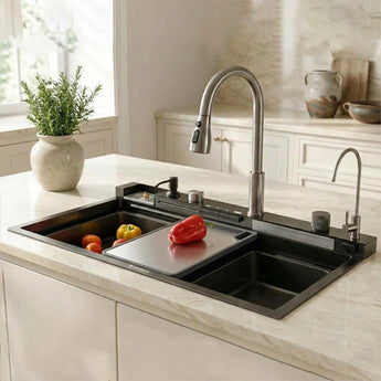AquaStation Piano Smart 304 SS Kitchen Sink with Digital Display, Dual Waterfalls & RO Tap (30 x 18 x 9 inches)