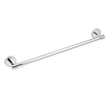A silver stainless steel towel rod with a polished finish, featuring a simple, sleek design with circular end caps.
