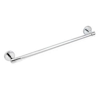 A silver stainless steel towel rod with a polished finish, featuring a simple, sleek design with circular end caps.