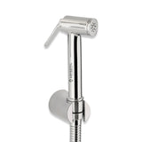 A silver brass health faucet with a 304-SS shower tube and wall hook.