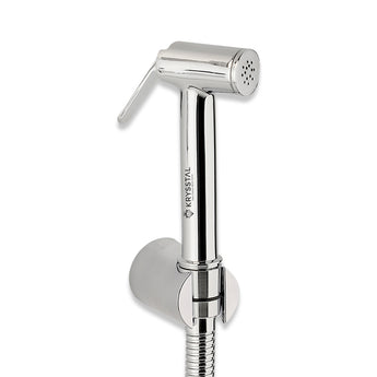 A silver brass health faucet with a 304-SS shower tube and wall hook.