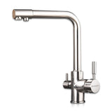 A silver kitchen sink mixer faucet with an additional water filtration tap, positioned against a white background.