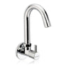 A silver wall-mounted kitchen sink tap with a sleek design on a white background.