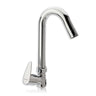 A silver kitchen sink faucet with a high arch and side lever on a white background.