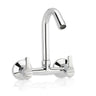 A silver kitchen sink mixer tap with a high-rise spout and two handles on a white background.