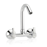 A silver kitchen sink mixer tap with a high-rise spout and two handles on a white background.