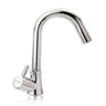 A silver kitchen sink tap with a swivel spout and a lever handle on a white background.