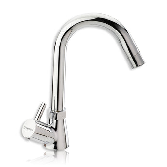 A silver kitchen sink tap with a swivel spout and a lever handle on a white background.
