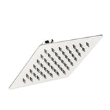 A silver overhead rain shower head with multiple silicone nozzles for water output.