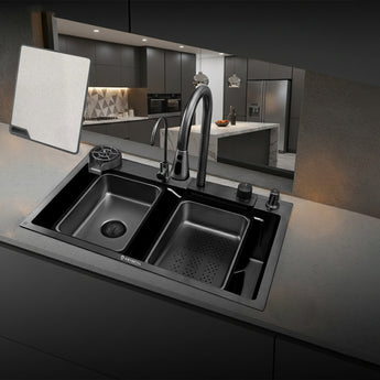 Magnus Nano Black 304 SS Kitchen Sink with Integrated Waterfall, RO Tap & Triple Flow Pull-out Tap (30 x 18 x 9 Inches)