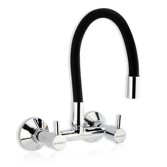 A wall-mounted kitchen sink mixer tap with a flexible silicone spout and chrome finish with dual controller.