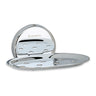 A silver stainless steel soap dish with a brand logo in the center on a white background.