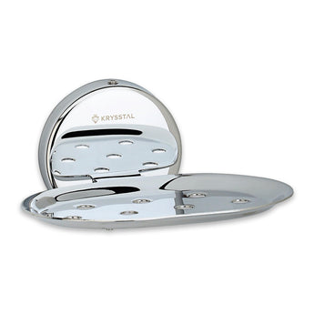 A silver stainless steel soap dish with a brand logo in the center on a white background.